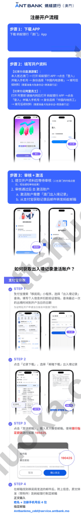 澳门蚂蚁银行开户流程页面截图，展示出入境记录和注册步骤
