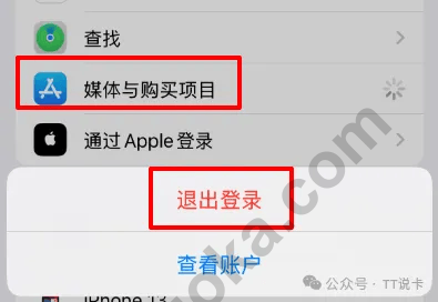 iPhone 设置中“媒体与购买项目”和“退出登录”入口截图