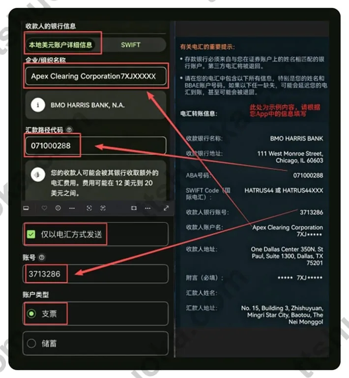 BBAE电汇页面与Wise收款银行字段对应示意