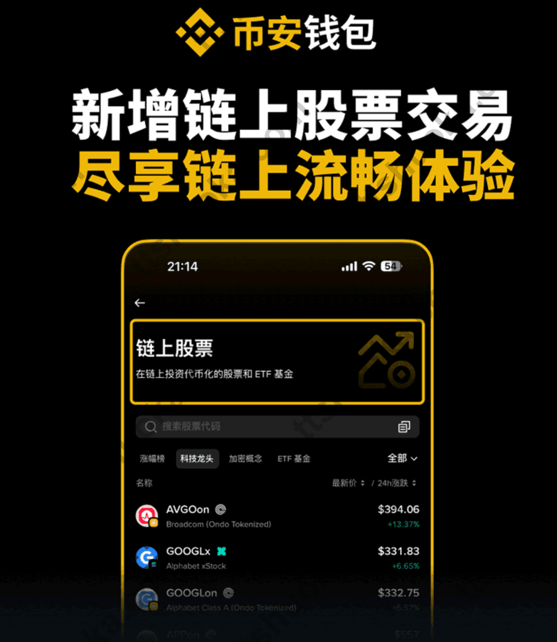币安 Web3 钱包链上股票交易功能示意图