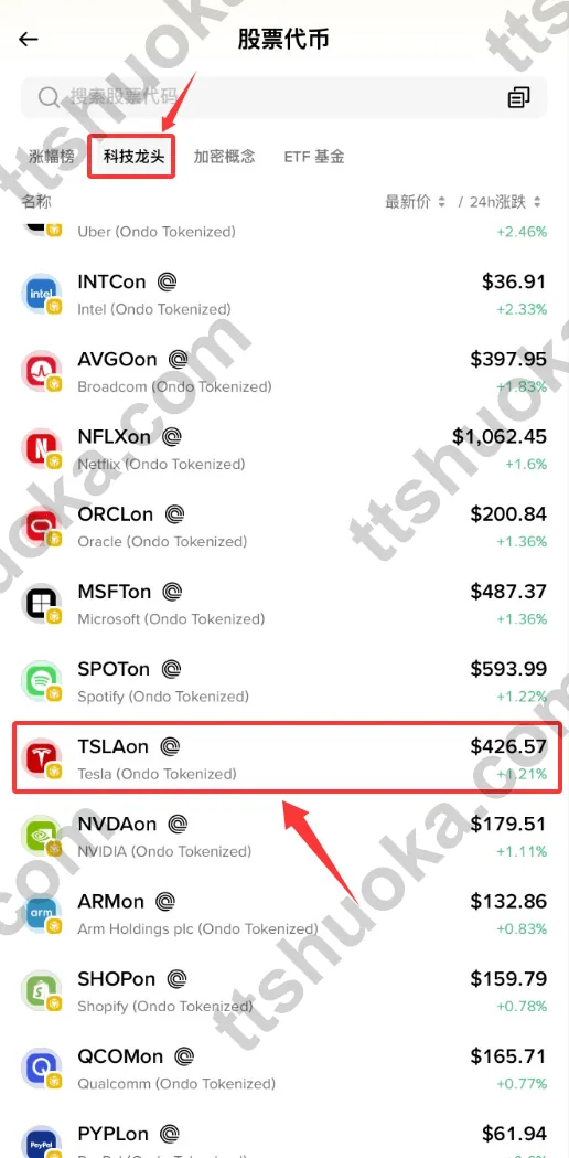 在币安 Web3 钱包搜索并选择代币化美股标的