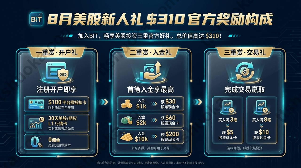 BIT 8月美股新人礼官方310美元奖励结构分解图