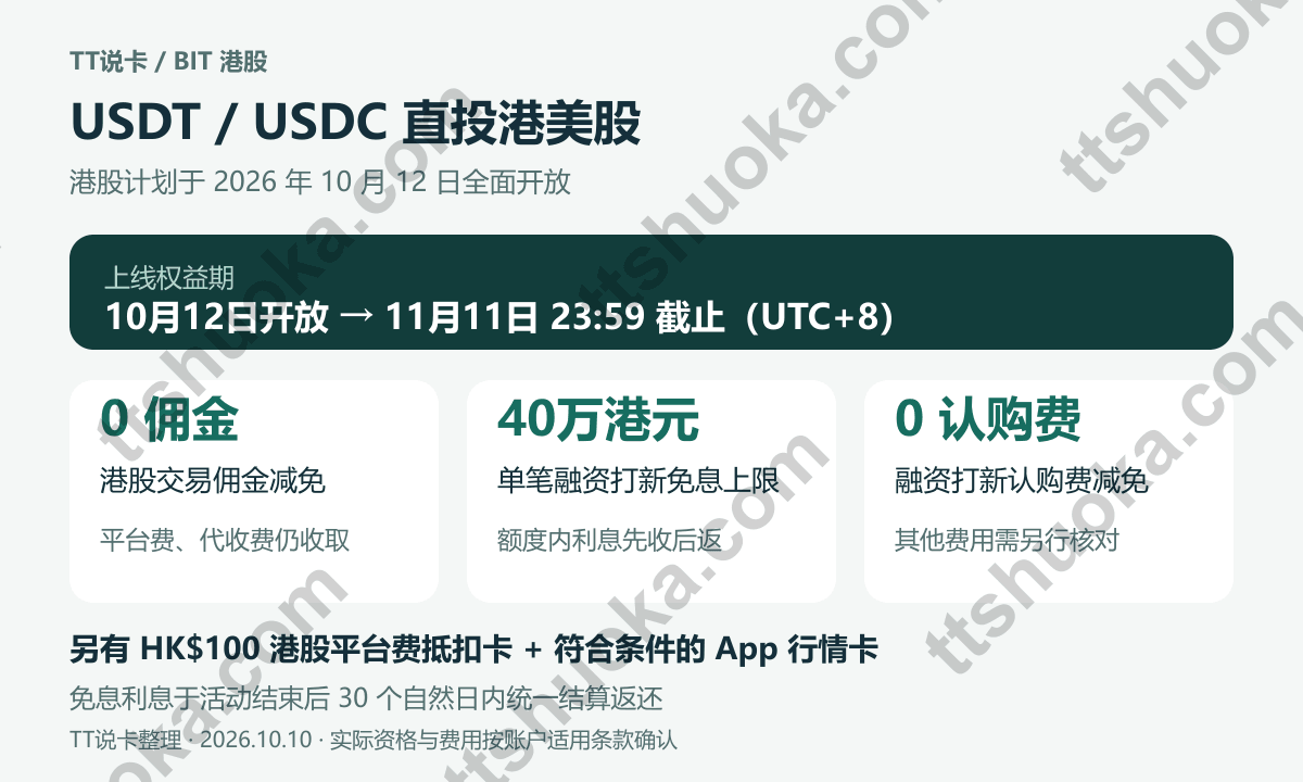 BIT港股2026年10月12日开放,稳定币直投港美股,港股上线优惠截止11月11日