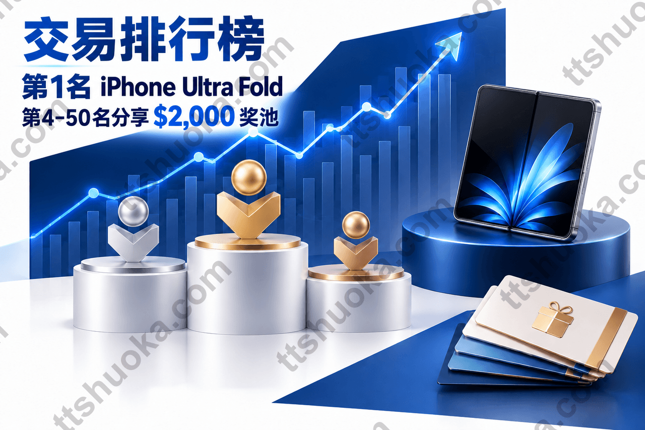 BIT美股交易排行榜配图,展示上涨图表、领奖台、折叠手机和奖励卡