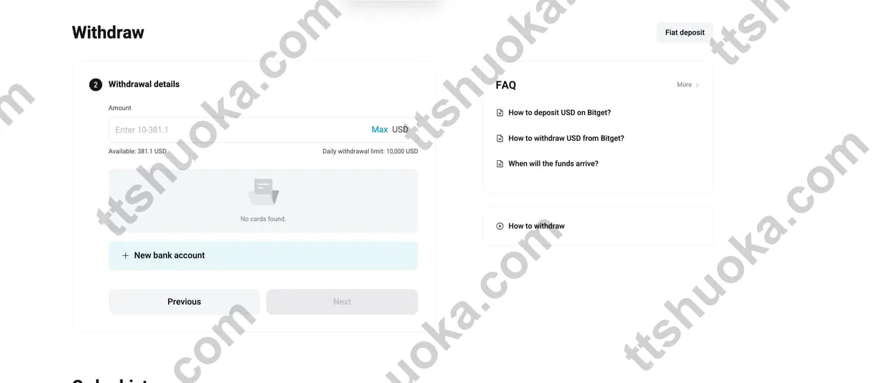 Bitget 美元提现页面打开 Bind a new bank account 添加新银行账户