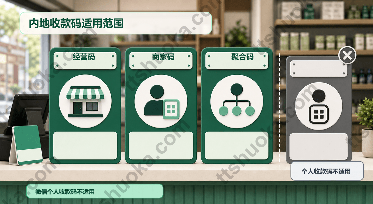 内地收款码适用范围示意图,列出经营码、商家码和聚合码,并标注微信个人收款码不适用