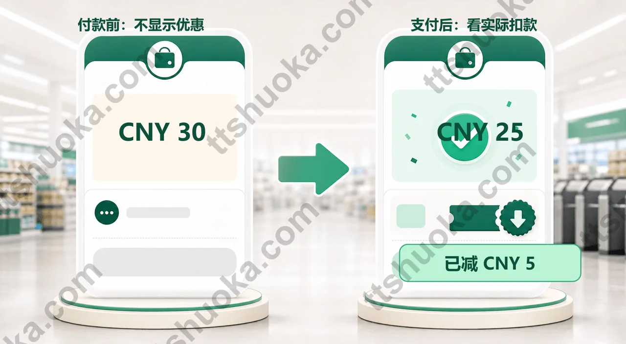 BoC Pay+ 内地支付结果示意图,左侧为付款前不显示优惠,右侧为支付后实际扣款人民币25元并减人民币5元