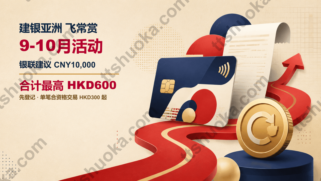 建银亚洲飞常赏9-10月活动信息图,标注银联建议 CNY10,000、单笔 HKD300 起及合计最高 HKD600