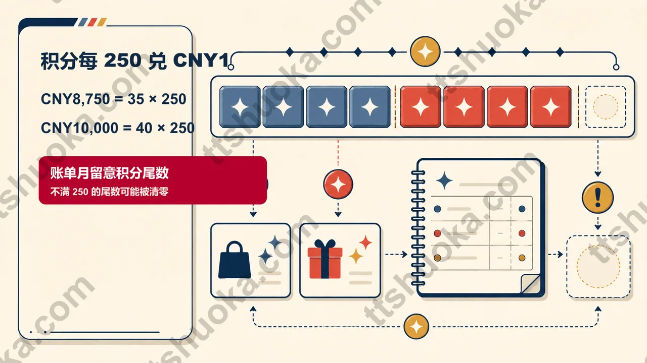 银联积分兑换信息图,标注每250积分兑CNY1、CNY8,750与CNY10,000整倍数示例及积分尾数提醒