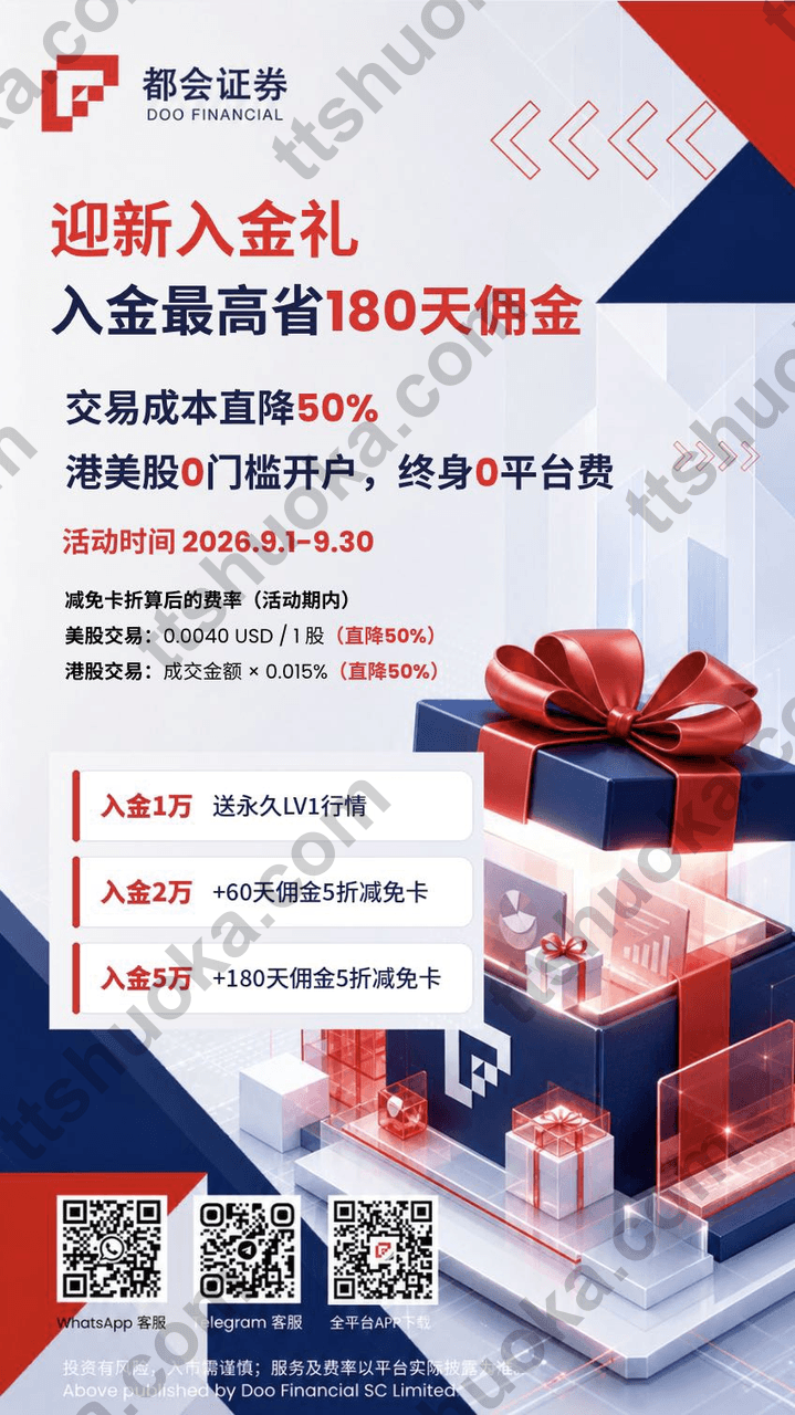 都会证券 2026 年 9 月开户活动海报,展示入金礼、港美股开户和终身 0 平台费