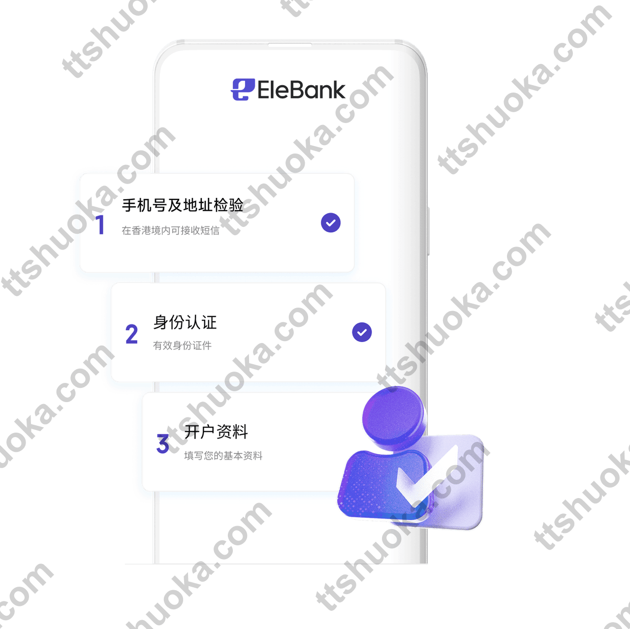 EleBank 大象银行手机开户流程示意图,包含手机号地址检验、身份认证和开户资料