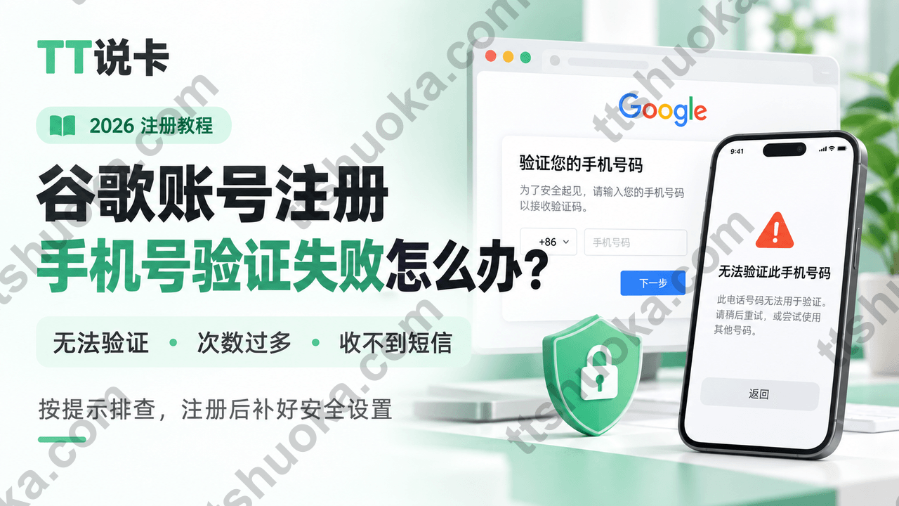 TT说卡2026谷歌账号注册教程封面:手机号验证失败怎么办,涵盖无法验证、次数过多与收不到短信