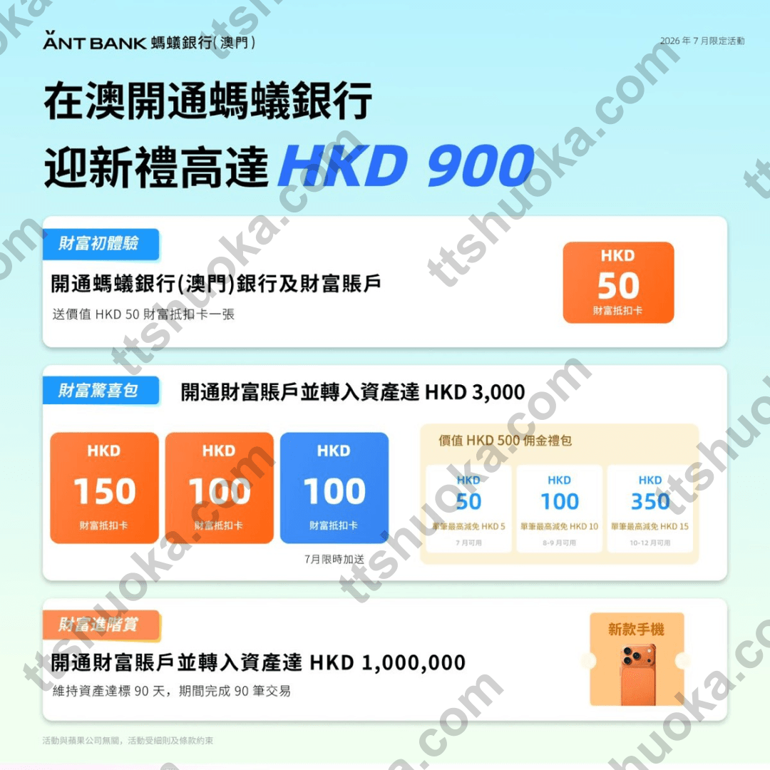 澳门蚂蚁银行迎新最高 HKD900 奖励图,展示开户礼、首次入资奖励和高额入资档位