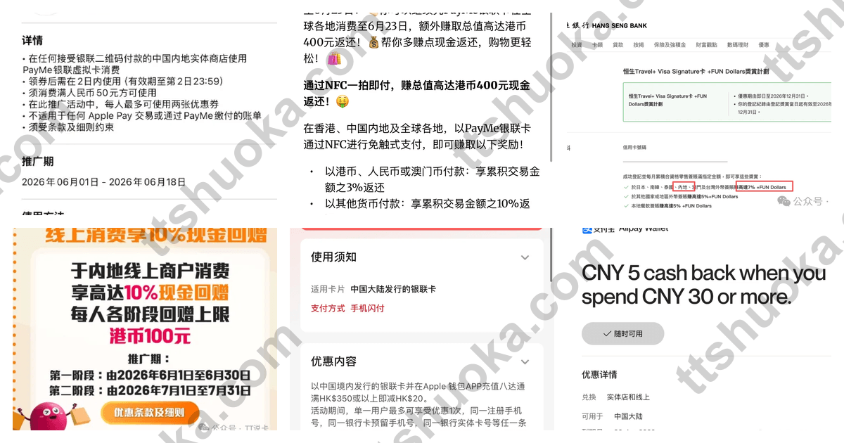 2026年6月香港银行活动汇总封面图，包含汇丰 PayMe、恒生 Travel+、中银香港、银联和万事达活动截图