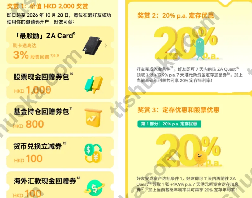众安ZA Bank10月推荐开户奖励:价值2000港币卡券、最高20%年利率的7天定存优惠和股票回赠