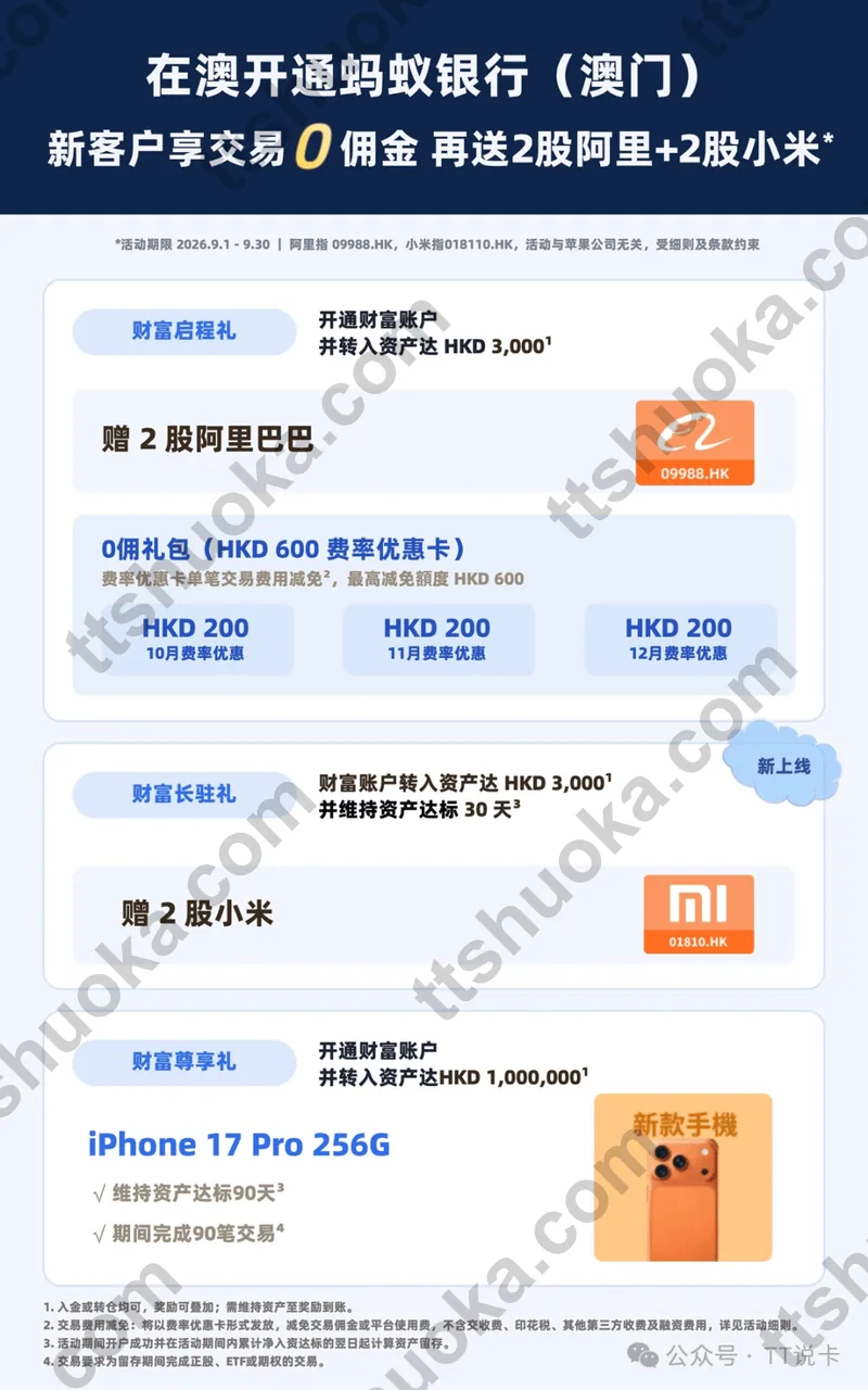 澳门蚂蚁银行9月活动海报,展示阿里巴巴、小米、交易费用抵扣和iPhone 17 Pro奖励