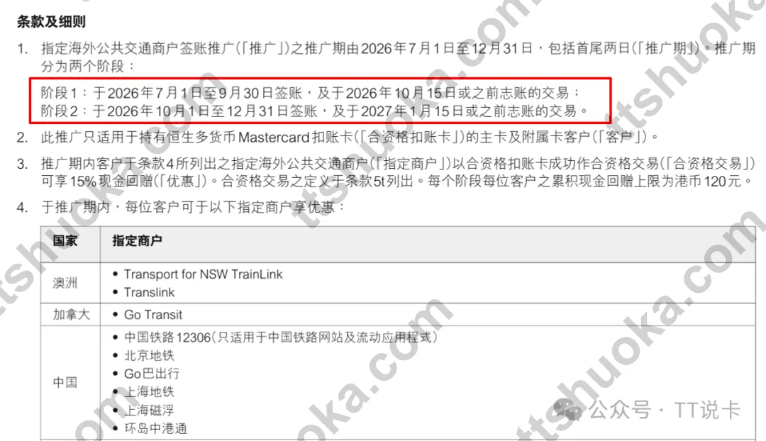 香港恒生指定交通15%回赠活动条款和商户示例