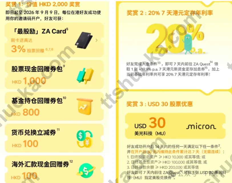 ZA Bank众安银行9月奖励包,展示港元奖励、20%定存加息券和美光科技股票兑换券