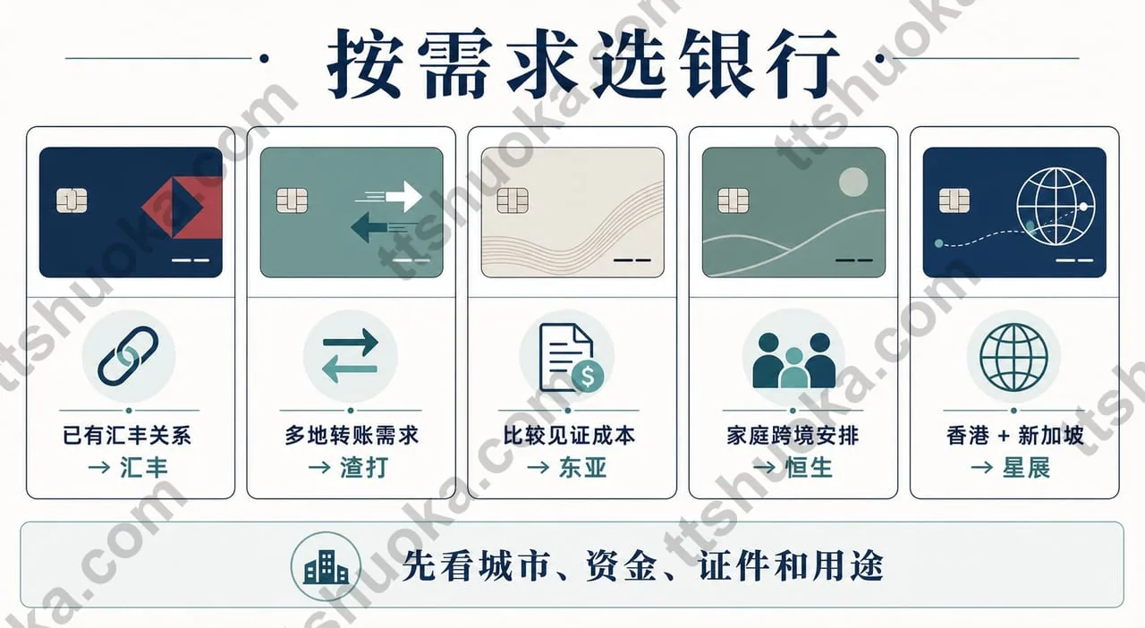 按信用卡、跨境转账、利率、家庭账户和资金安全需求选择五家银行的建议图