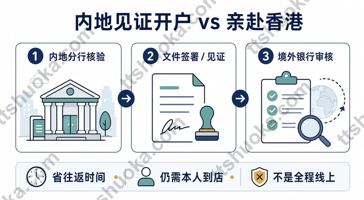 内地见证开户与亲赴海外开户在时间、证件和资金要求上的差异示意图