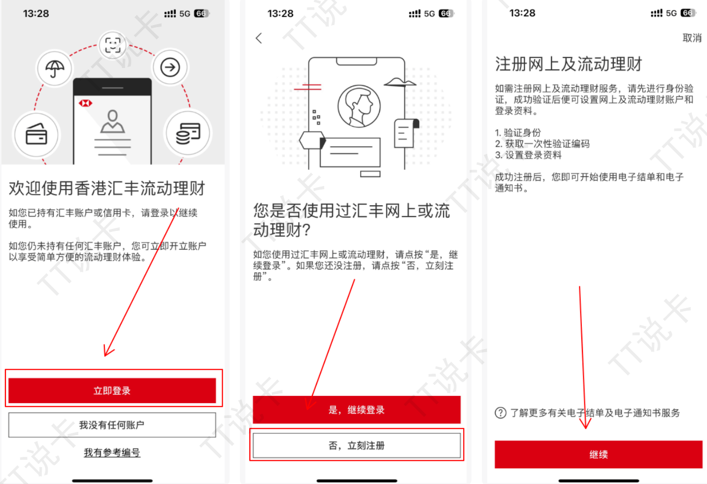 香港汇丰 App 注册入口示意：先点立即登录，再选择否立刻注册并继续