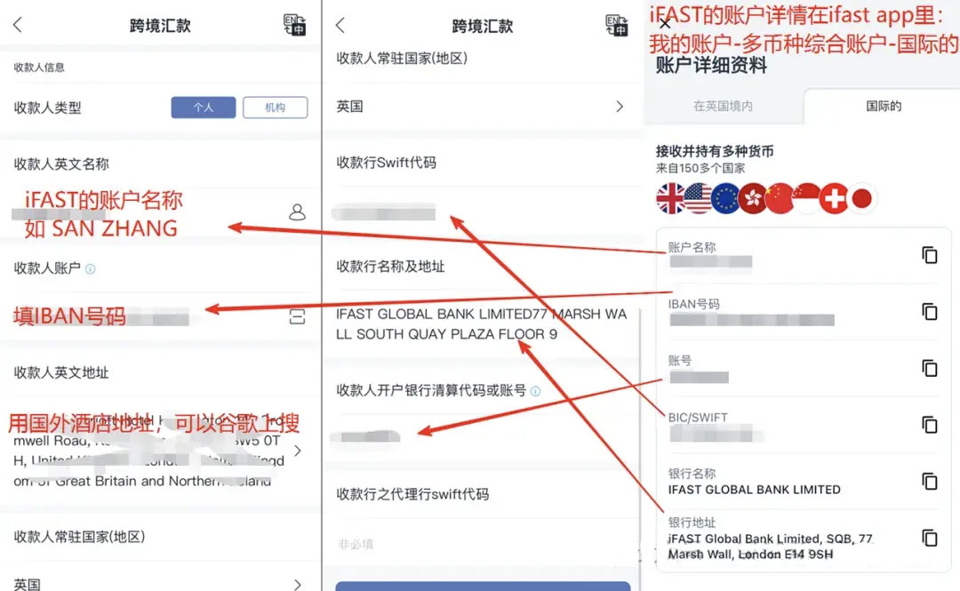 iFAST国际账户资料与兴业跨境汇款收款人字段对应示意