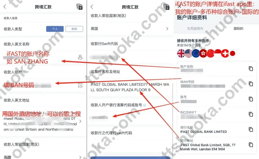 iFAST国际账户资料与兴业跨境汇款收款人字段对应示意