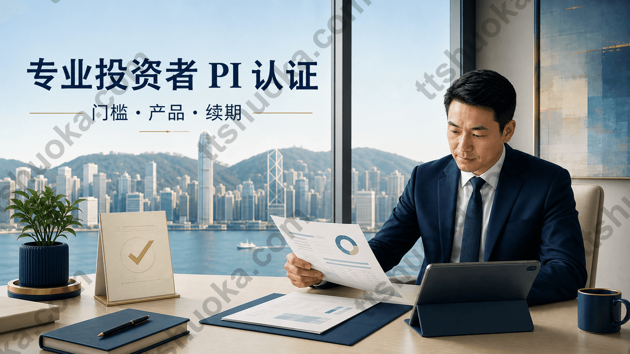 专业投资者认证主题原创封面，投资者在香港维港背景下核对投资组合证明