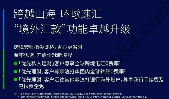 渣打银行跨越山海环球速汇宣传图，展示优先理财客户的跨境汇款费率优惠