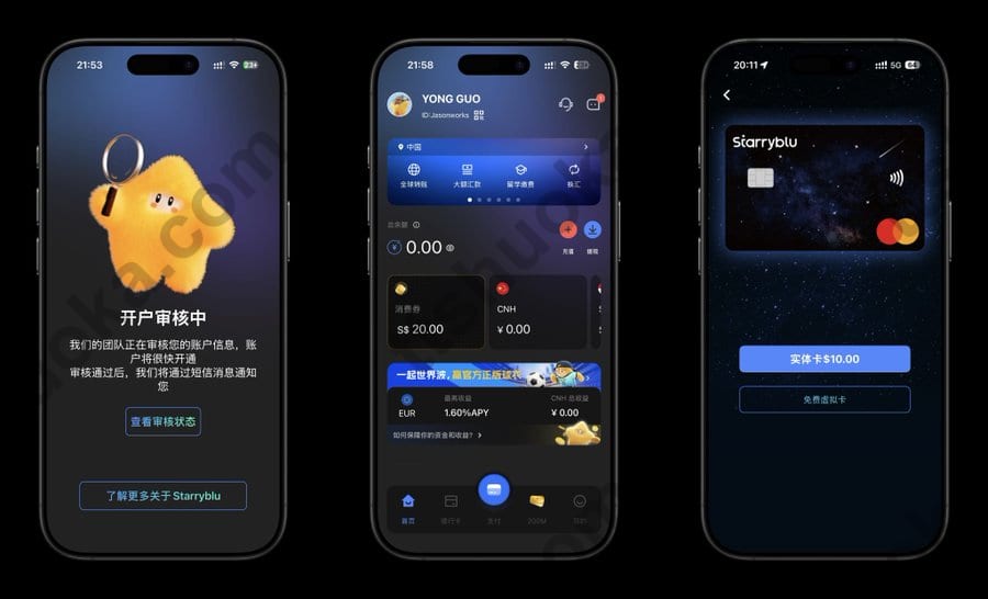 Starryblu审核中、账户首页和卡片入口示例