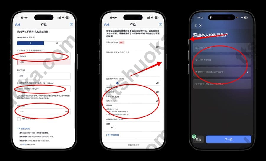 IBKR显示虚拟账户号码、SWIFT和收款银行信息，Starryblu同时填写本人收款账户