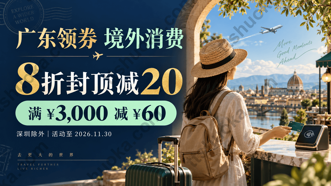 云闪付广东境外消费券主题封面,展示8折最高减20元和满3000元减60元,深圳除外
