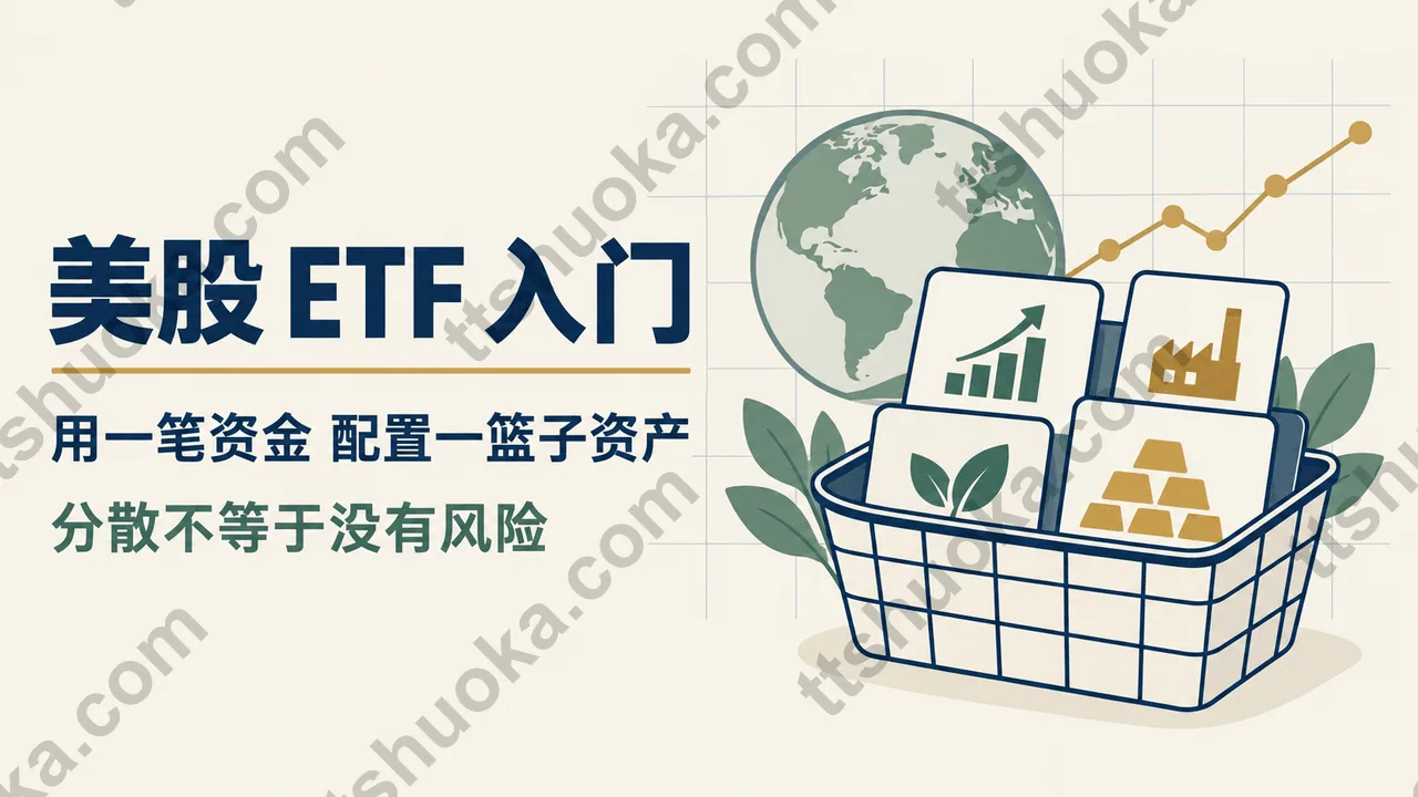 美股ETF入门信息图：一次买入一篮子资产，先分散再坚持