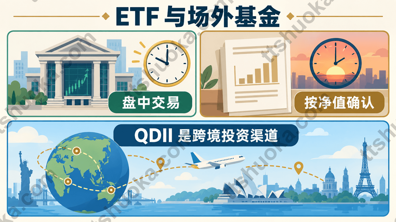 ETF、场外基金和QDII的区别信息图