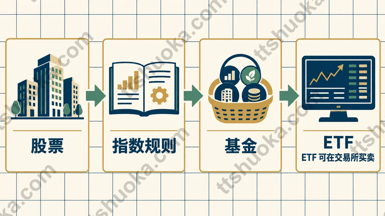 股票、指数规则、基金和ETF的关系图