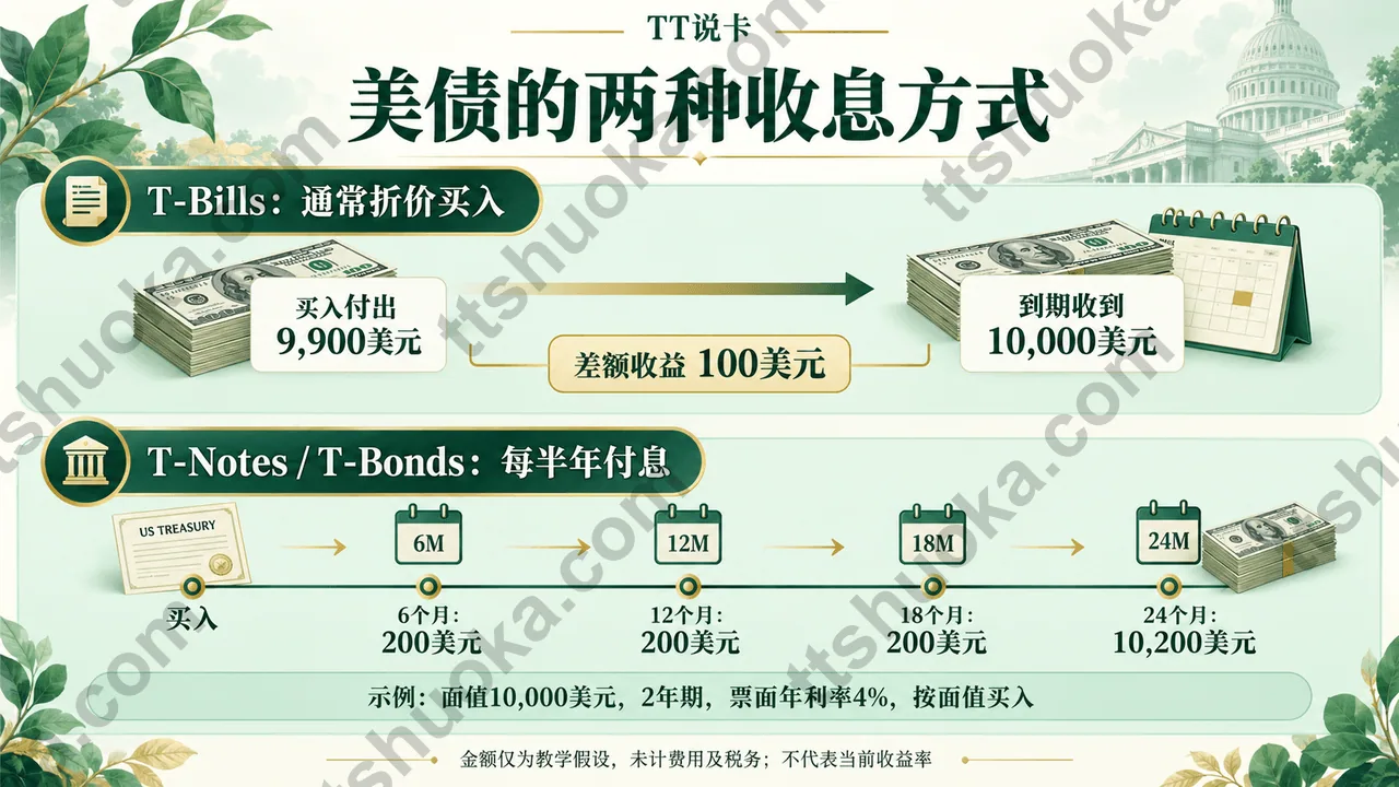 两种收息方式：T-Bill假设以9900美元买入、到期收10000美元；两年期T-Note面值10000美元、年票息4%，每半年收200美元，最后收10200美元
