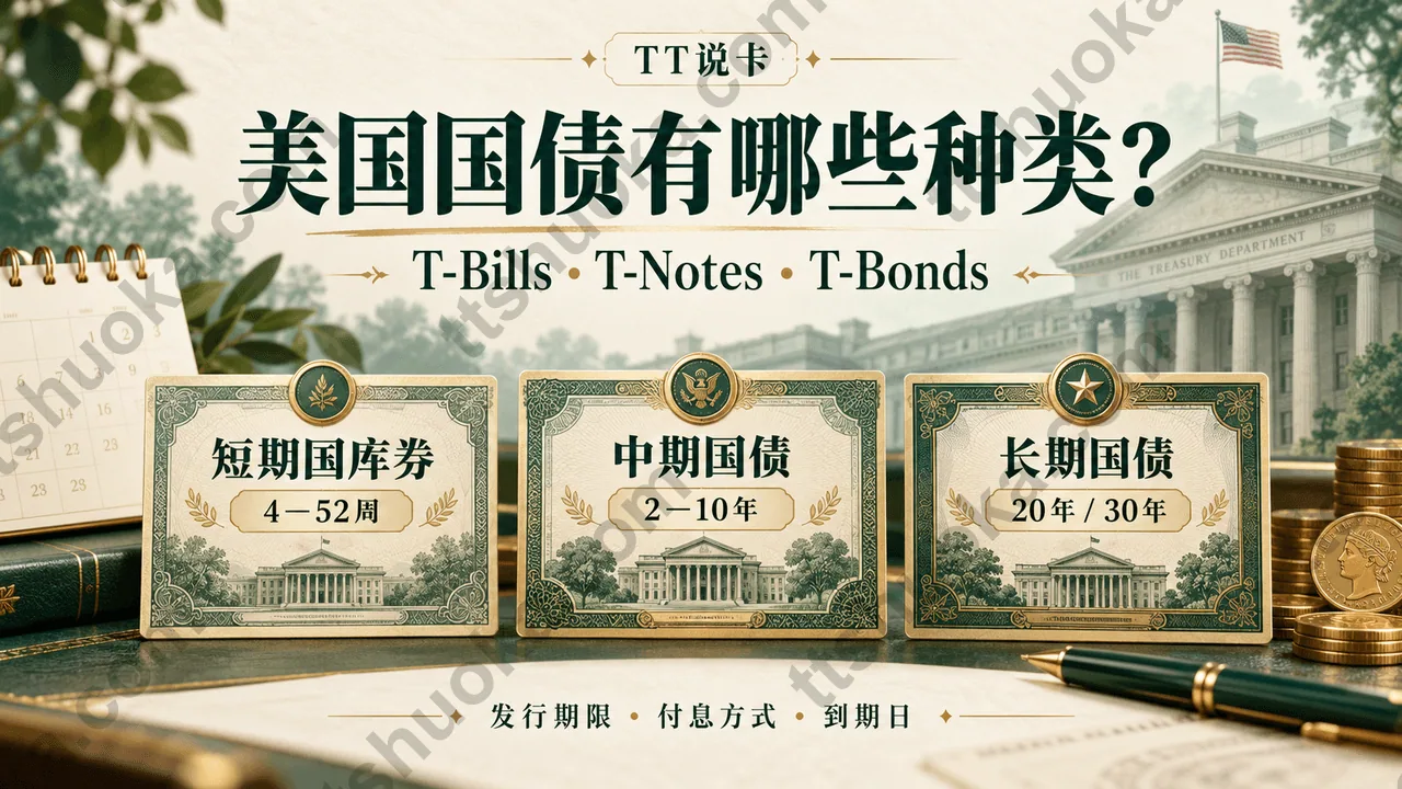 美国国债种类对照：T-Bills短期国库券4至52周，T-Notes中期国债2至10年，T-Bonds长期国债20年或30年
