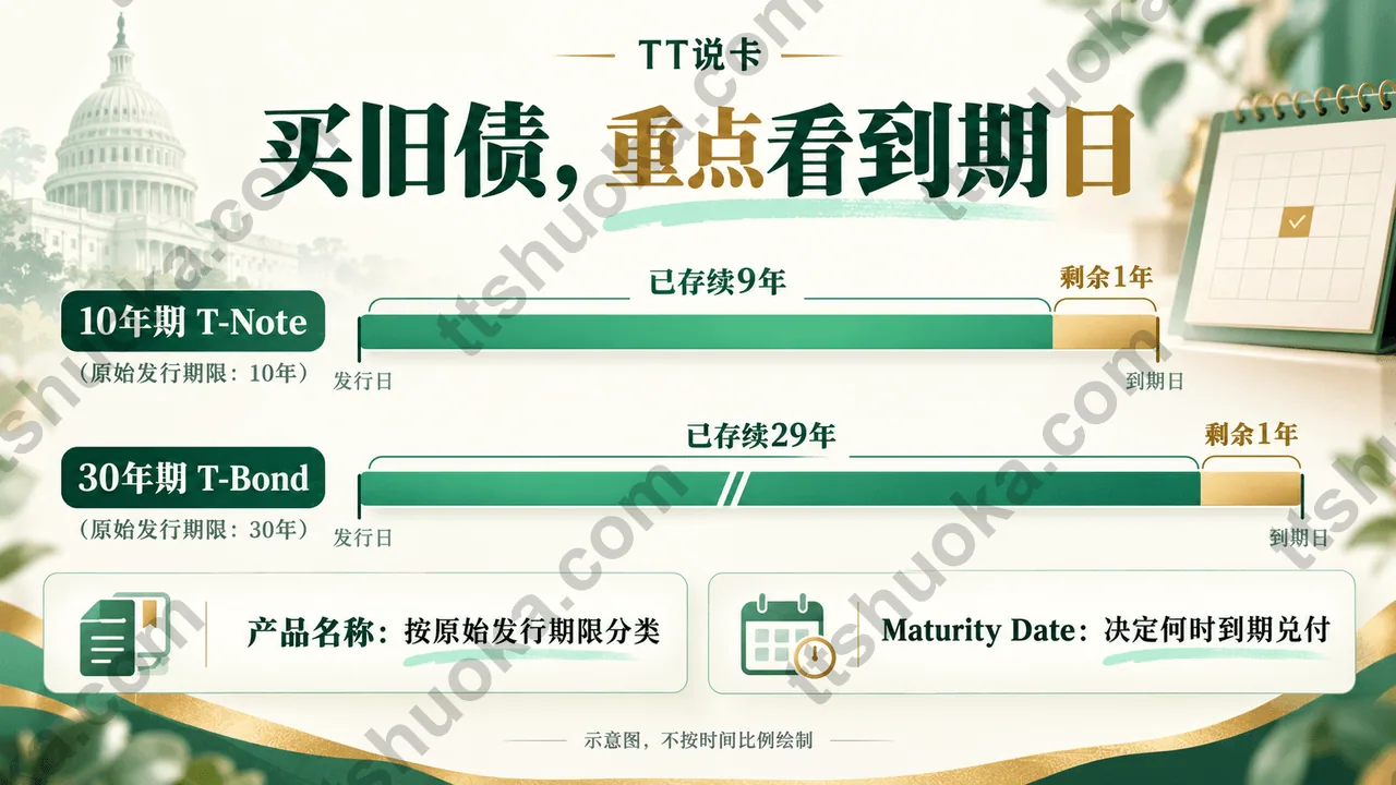 原始期限与剩余期限示意：10年期T-Note存续9年、30年期T-Bond存续29年，都只剩1年到期；应核对Maturity Date