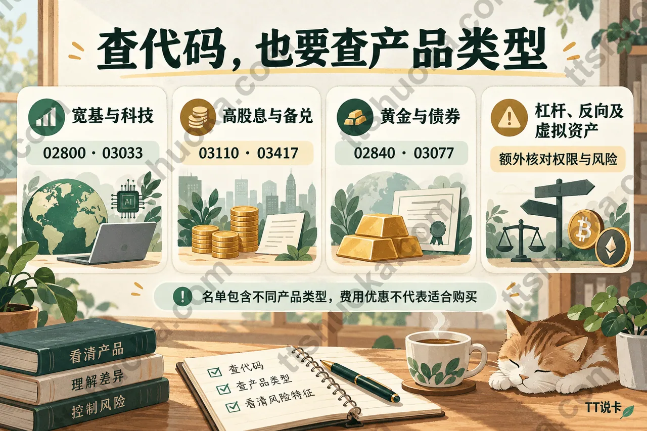 盈立指定产品类型示意:宽基科技、高股息备兑、黄金债券,以及须额外确认权限和风险的杠杆反向及虚拟资产相关产品