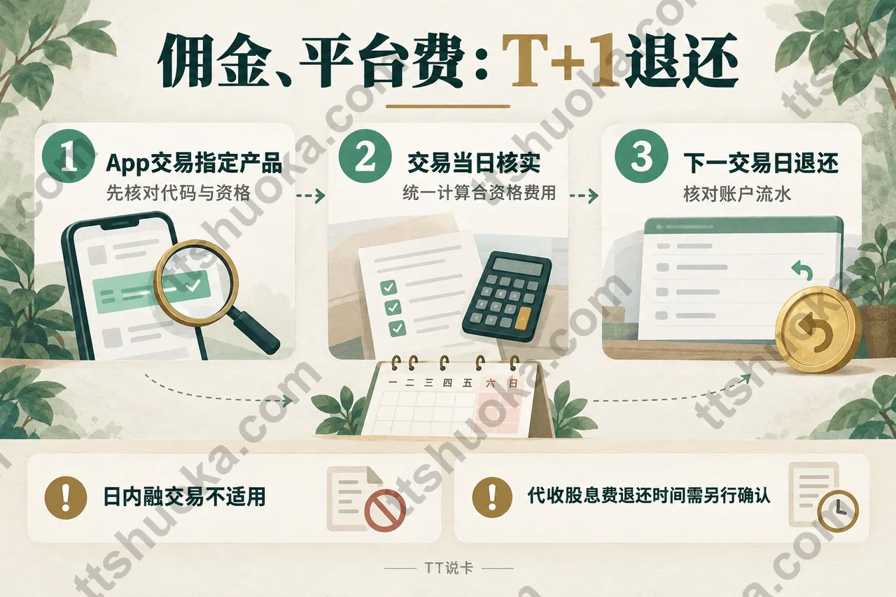 香港盈立佣金和平台费返还流程:App交易指定产品,交易当日核实,下一个交易日T+1退还;日内融交易不适用,代收股息费时间另行确认