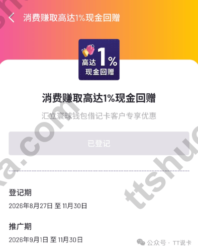 汇立环球钱包借记卡消费回赠登记页面,显示中国内地及海外消费最高1%现金回赠,以及2026年9月至11月推广期