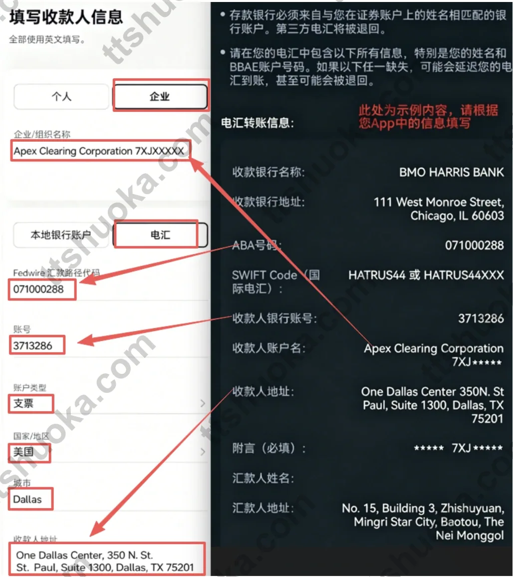 ZA Bank填写BBAE企业收款人、路由号、账号和银行地址的示意图