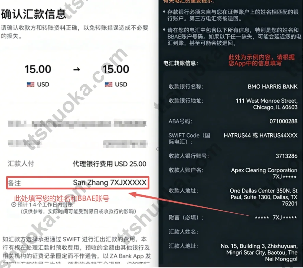 ZA Bank确认美元电汇金额并填写姓名和BBAE账号备注的截图