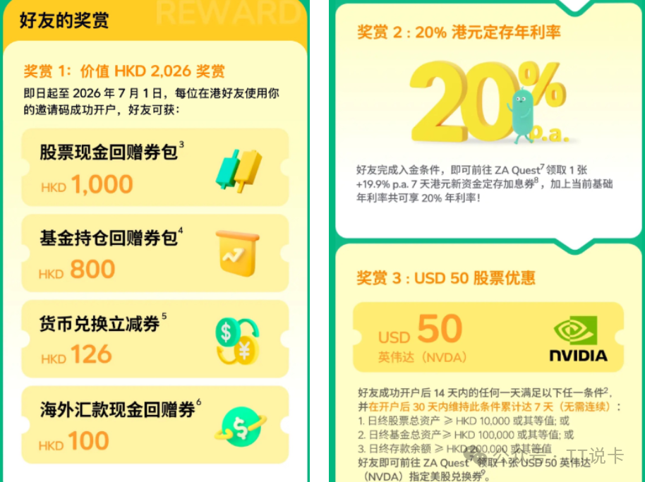 ZA Bank 2026 年 6 月邀请码开户奖励一览,包含 2026 港币奖赏、20% 港元定存利率券和 50 美元英伟达券