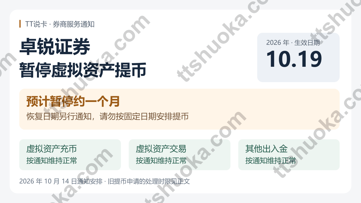 卓锐证券提币暂停安排摘要:2026年10月19日起预计约一个月,恢复日期另行通知;充币、交易及其他出入金按通知维持正常
