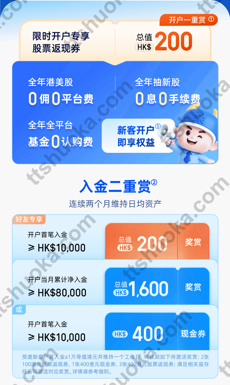 涨乐全球通开户及入金奖励：开户返现券、首入金1万港币与当月净入金8万港币的留资任务