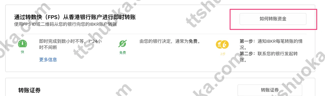 盈透证券选择港币和 FPS 入金方式页面