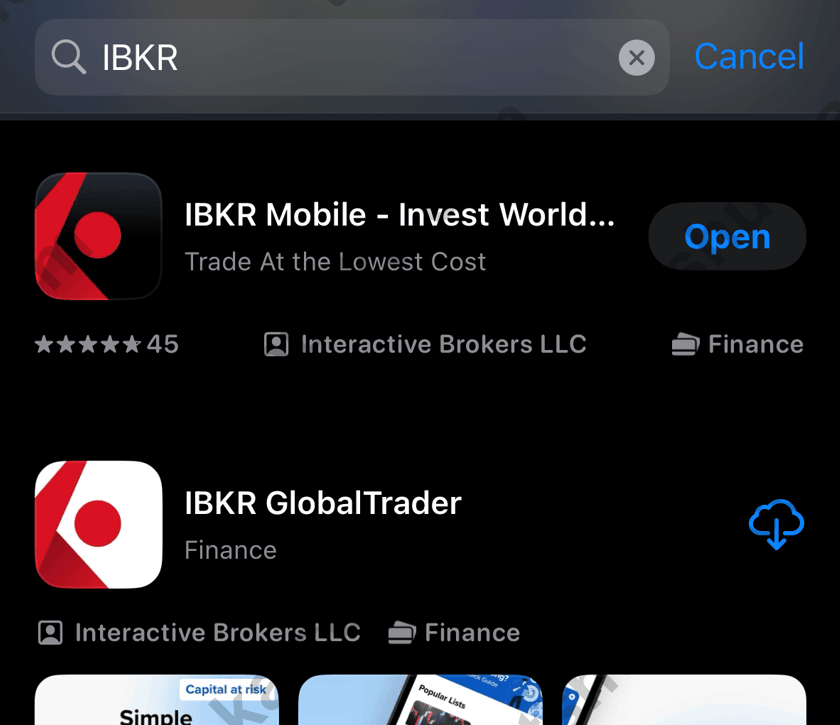 盈透证券 iPhone 端 App 页面，展示 IBKR Mobile 和相关应用