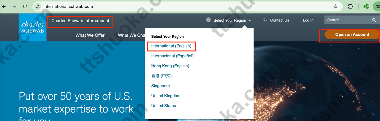 嘉信国际账户页面的 Open an Account 开户入口