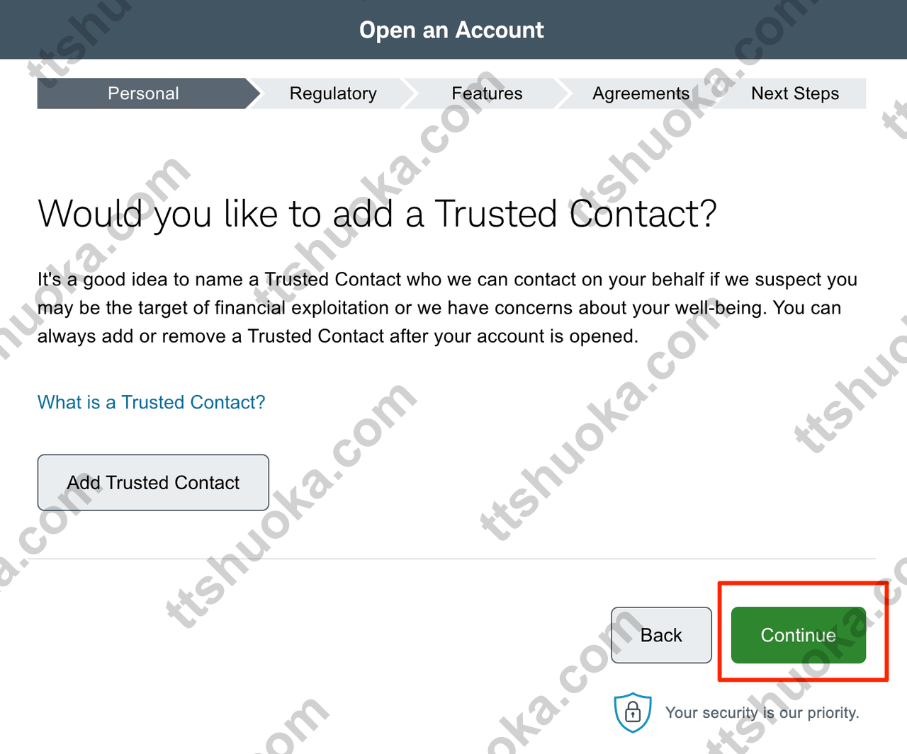 嘉信开户填写 Trusted Contact 信任联系人页面